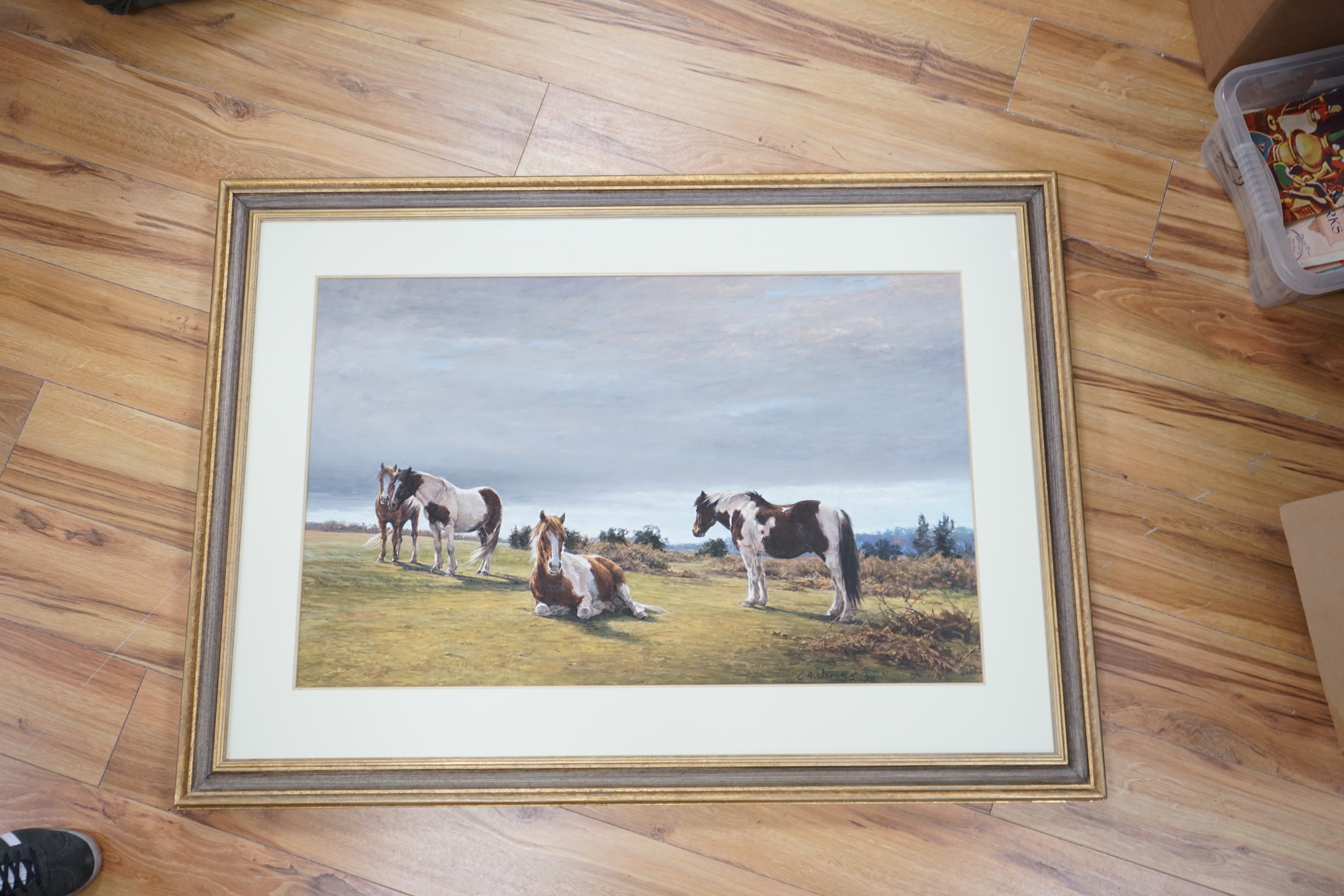 Claire Verity (20th. C) pastel, Ponies on May Hill, Gloucestershire, signed and dated '98, label verso, 55 x 87cm